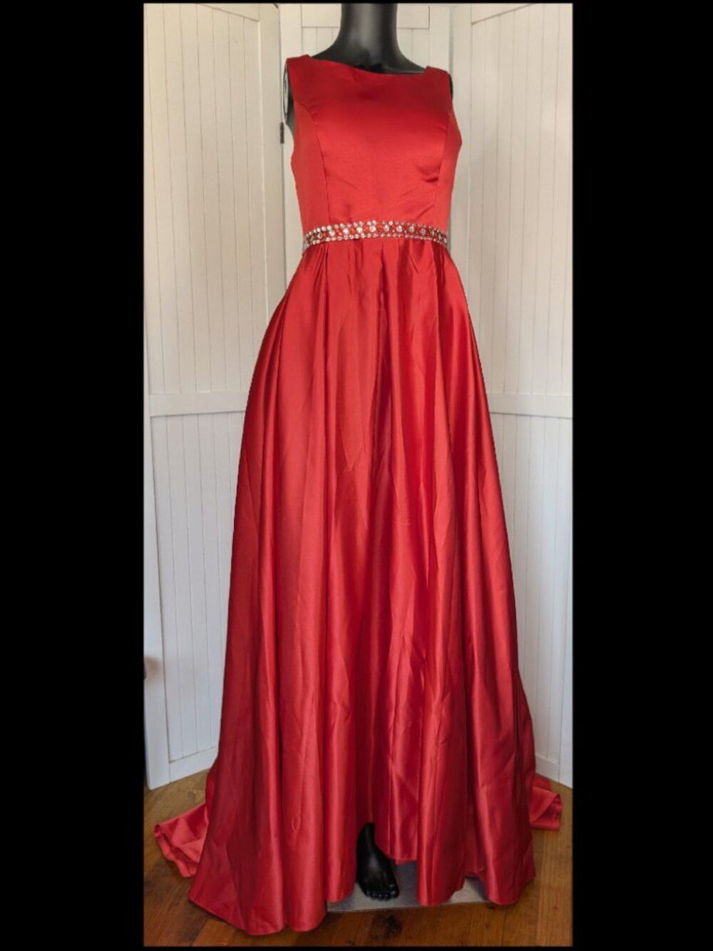 Red Satin Rhinestone Formal Gown Lace Up Back Prom Gala Dress Maxi Train 8